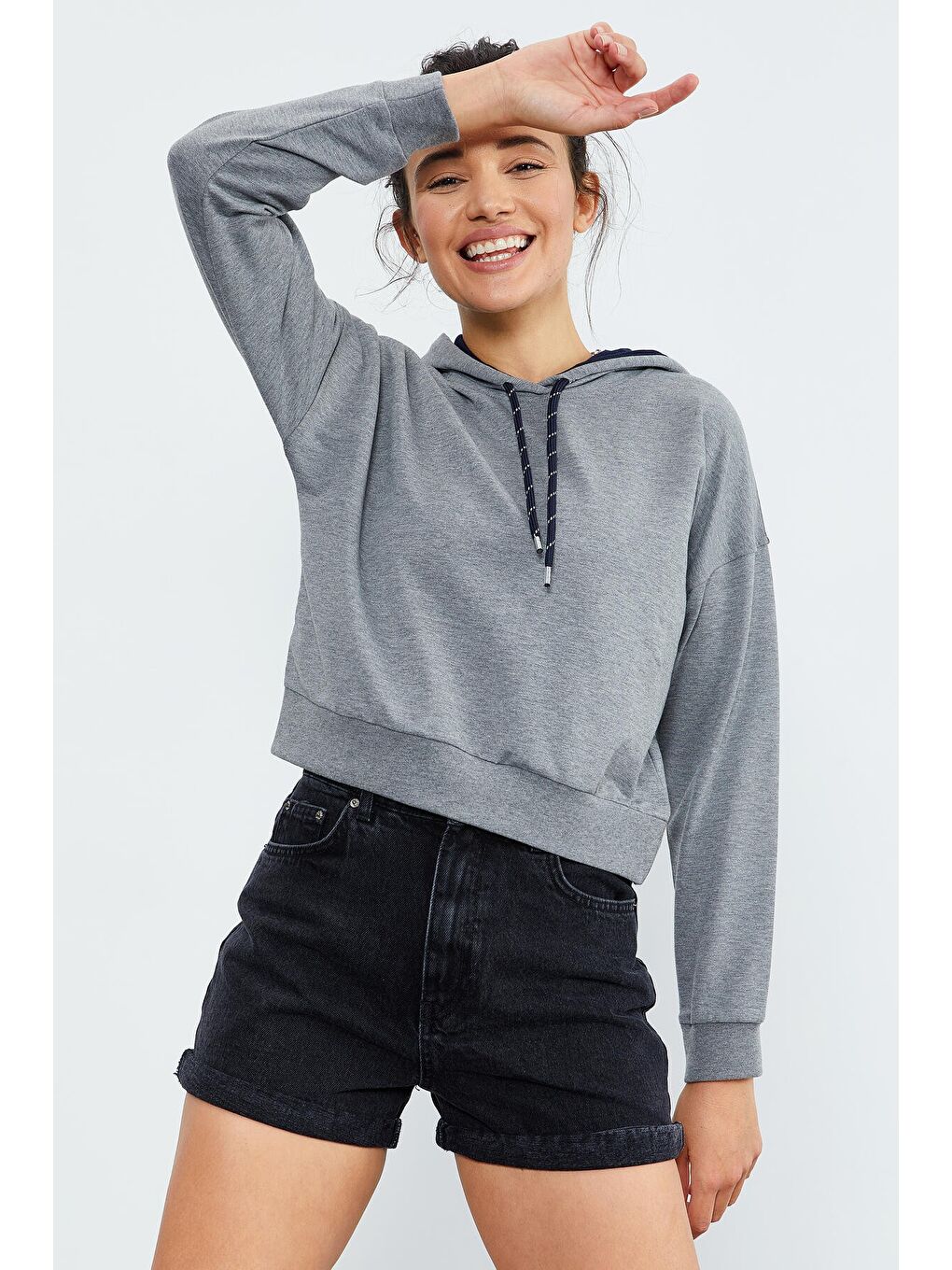 Gri Melanj Uzun Kol Rahat Form Kapüşonlu Kadın Sweatshirt - 97115