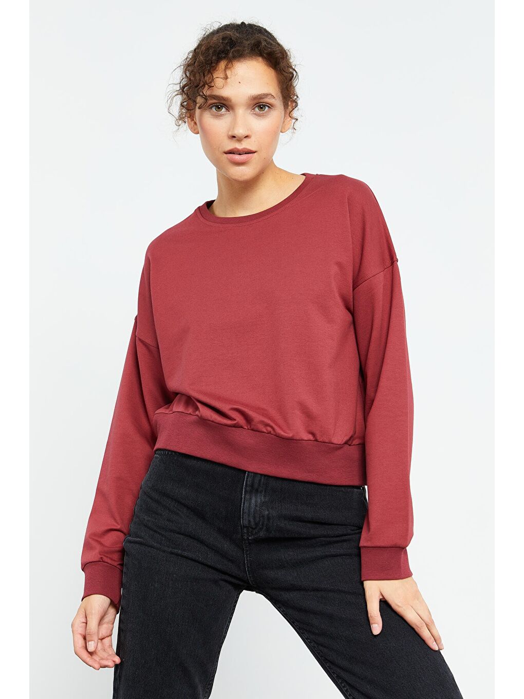 Bordo Basic Rahat Form O Yaka Kadın Sweatshirt - 97114-3