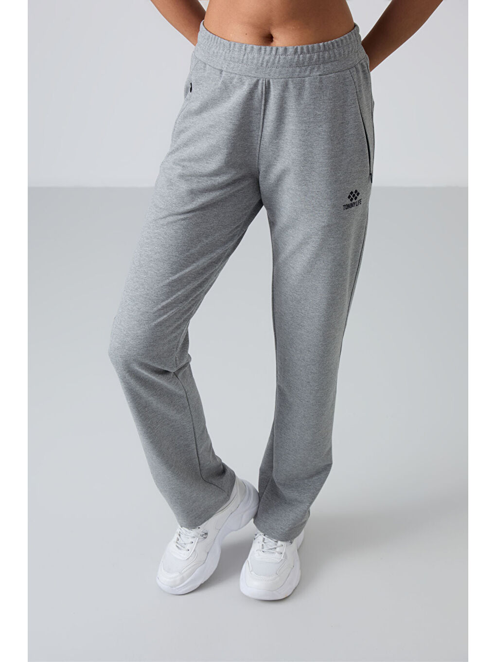 Gri Melanj Gizli Fermuar Cepli Rahat Form Klasik Paça Kadın Eşofman Alt - 94148-1