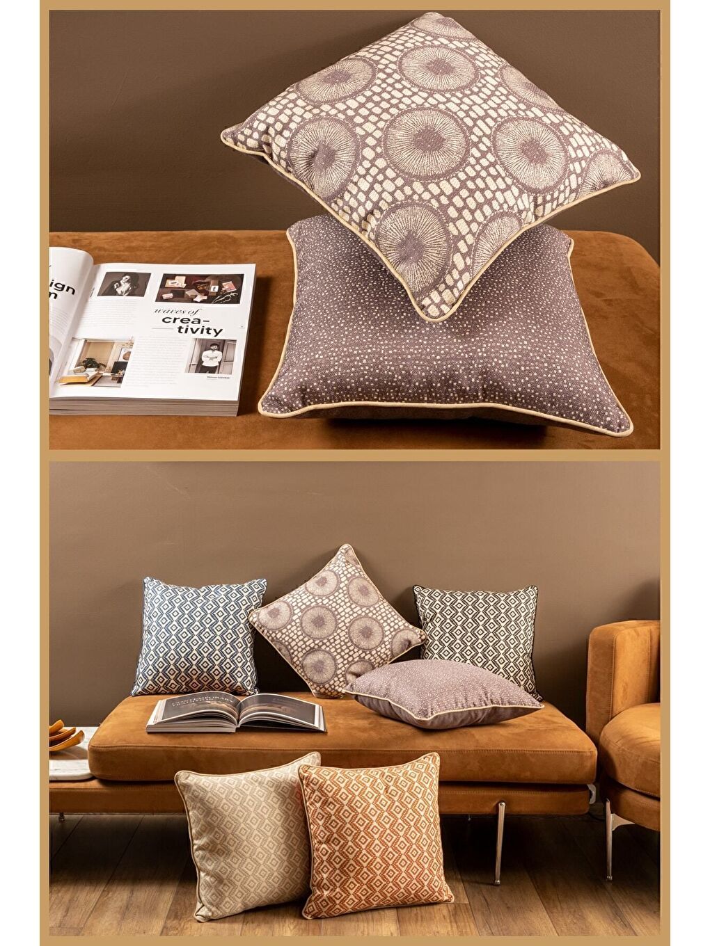 Bej Özel Tasarım 43x43 Dokuma Kırlent Kılıfı Biyeli Gizli Fermuarlı Dekoratif Salon-1