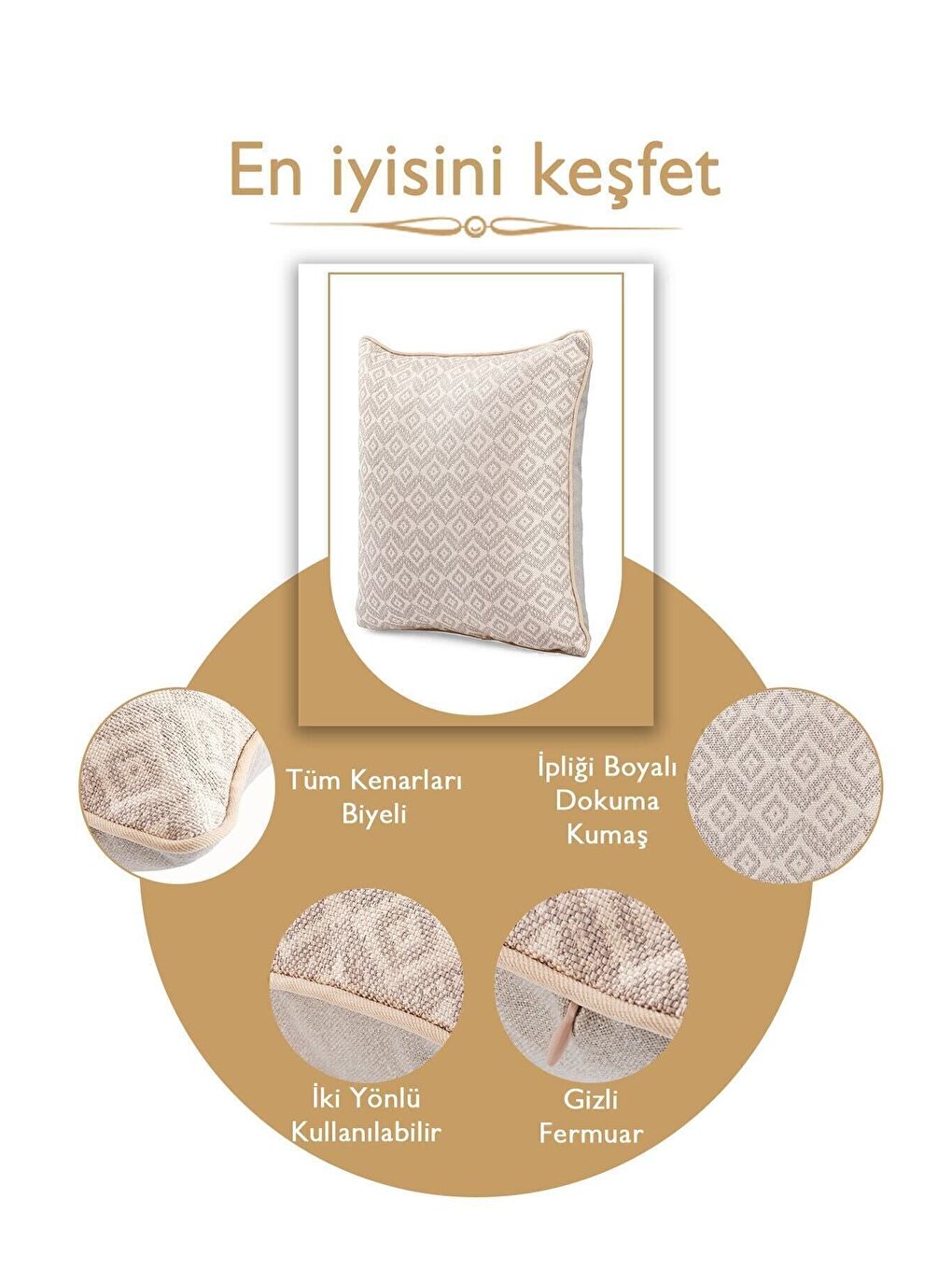 Bej Özel Tasarım 43x43 Dokuma Kırlent Kılıfı Biyeli Gizli Fermuarlı Dekoratif Salon-4