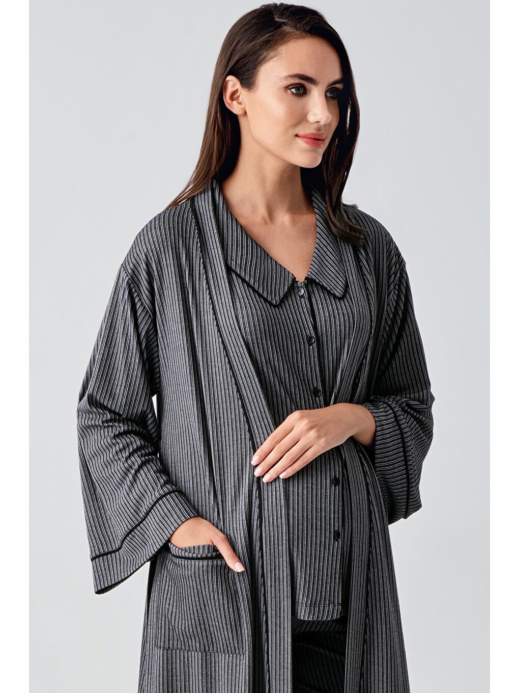 Siyah Bebe Yaka Düğmeli Uzun Kollu Hamile Sabahlık Pijama Takım 23111-1