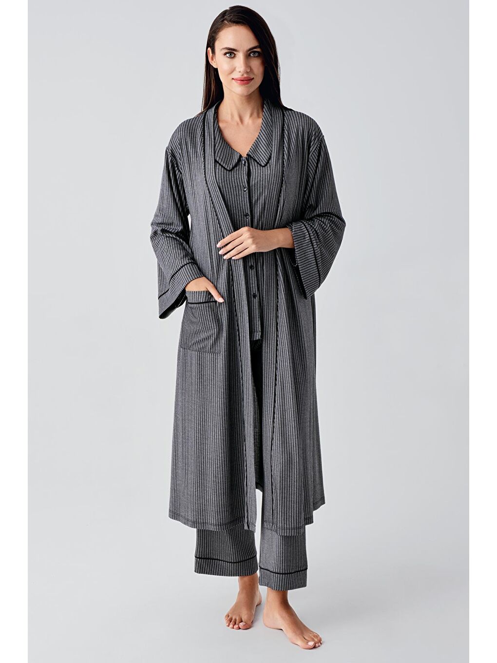 Siyah Bebe Yaka Düğmeli Uzun Kollu Hamile Sabahlık Pijama Takım 23111-2
