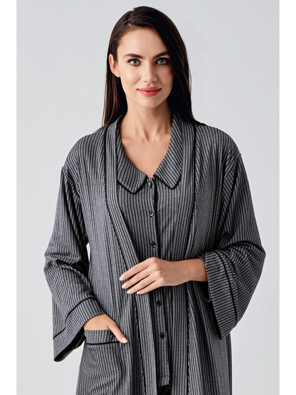 Siyah Bebe Yaka Düğmeli Uzun Kollu Hamile Sabahlık Pijama Takım 23111-3