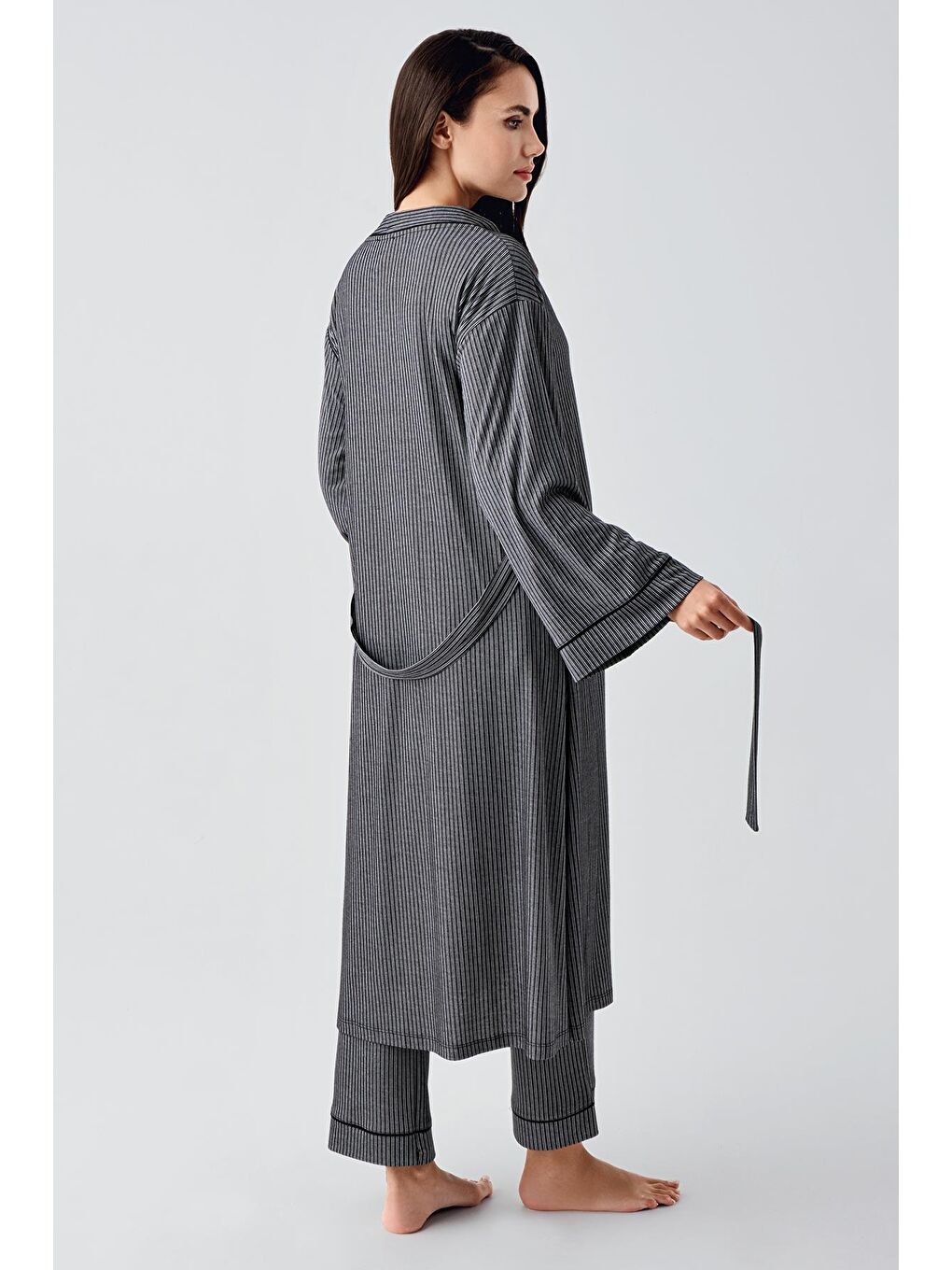 Siyah Bebe Yaka Düğmeli Uzun Kollu Hamile Sabahlık Pijama Takım 23111-5