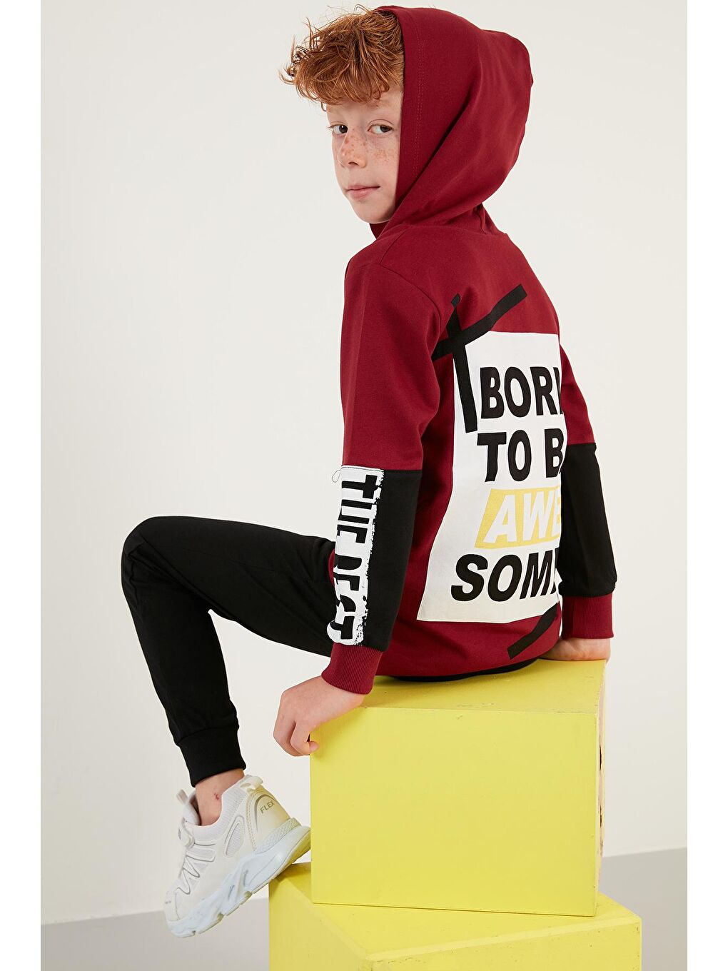 Bordo Pamuklu Baskılı Kapüşonlu Cepli Erkek Çocuk Takım 59211607