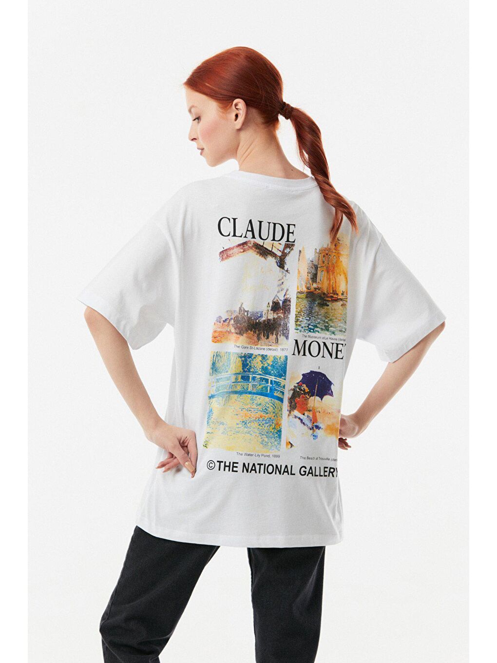 Beyaz Baskılı Bisiklet Yaka Oversize Tişört-1