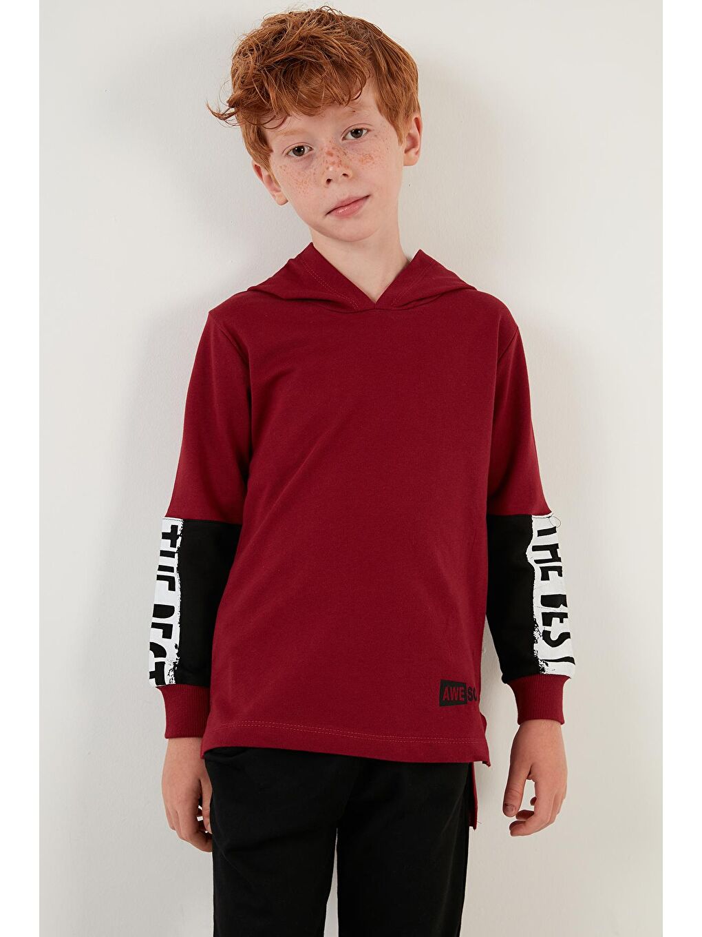 Bordo Pamuklu Baskılı Kapüşonlu Cepli Erkek Çocuk Takım 59211607-2