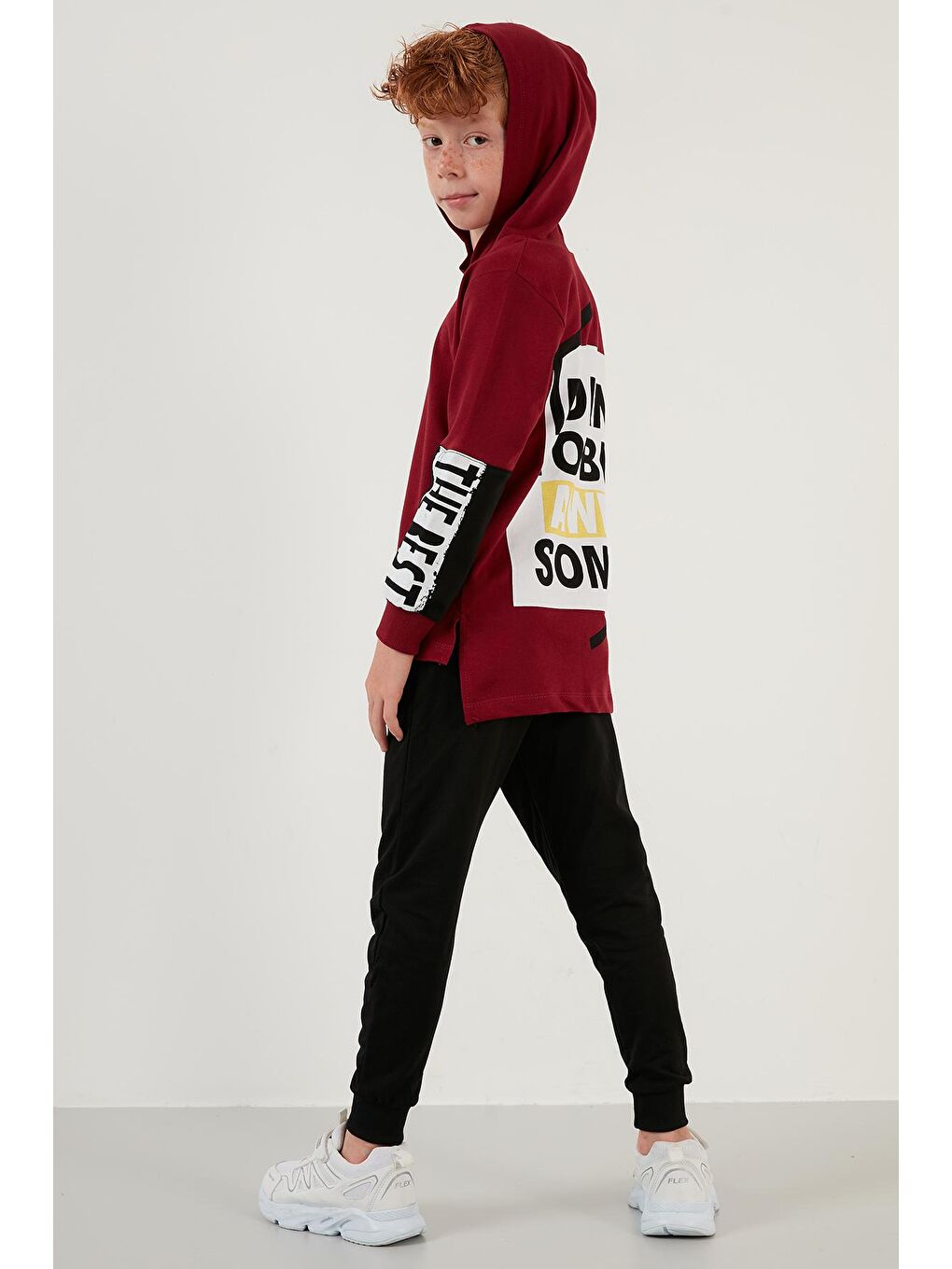 Bordo Pamuklu Baskılı Kapüşonlu Cepli Erkek Çocuk Takım 59211607-3