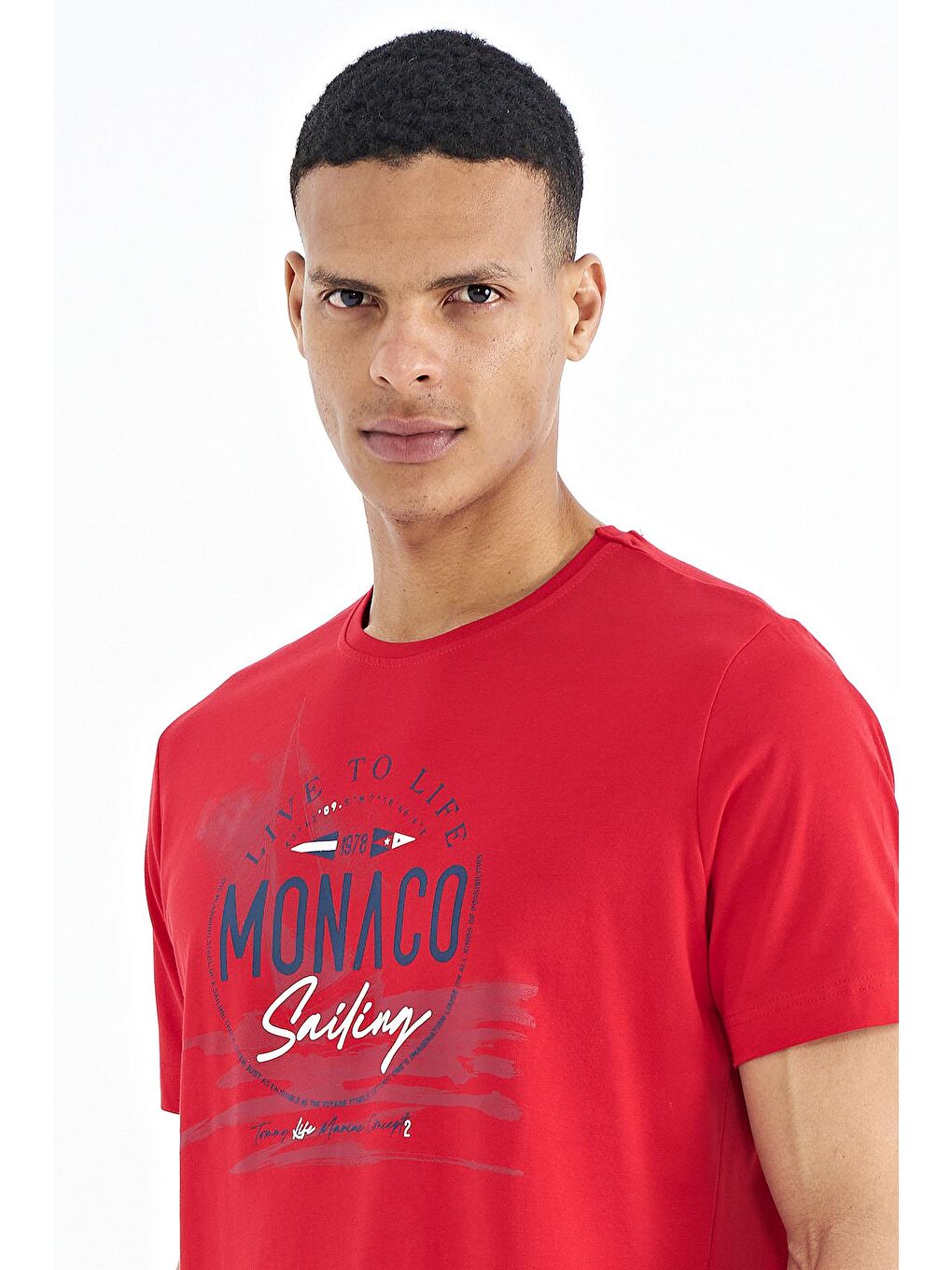 Kırmızı Baskı Detaylı O Yaka Standart Kalıp Erkek Tişört - 88188-2