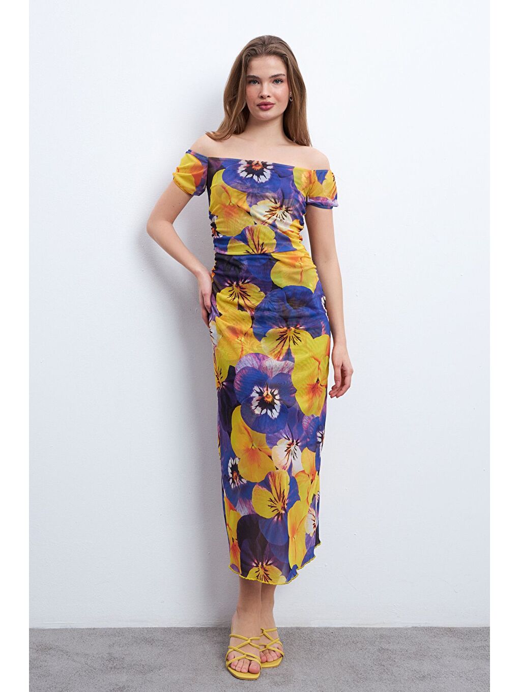 Kadın Sarı Mavi Desen Kayık Yaka Astarlı Tül Elbise-1