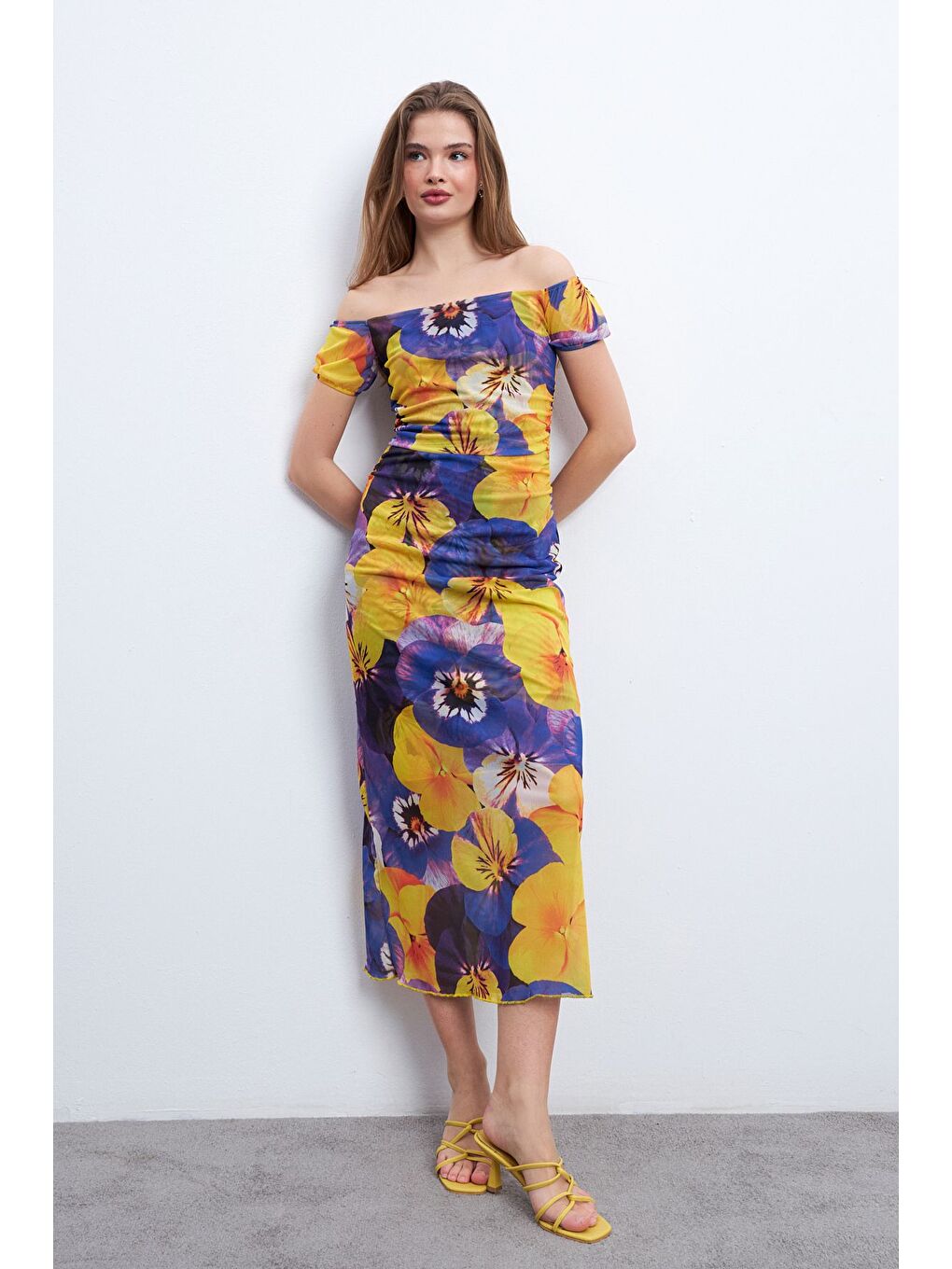 Kadın Sarı Mavi Desen Kayık Yaka Astarlı Tül Elbise-2