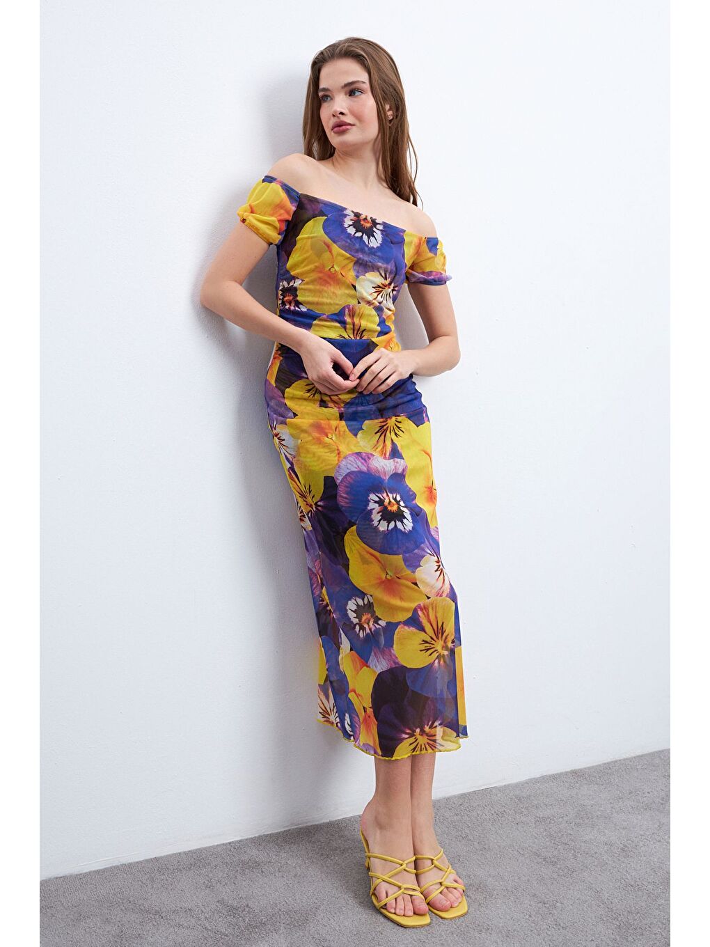 Kadın Sarı Mavi Desen Kayık Yaka Astarlı Tül Elbise-3