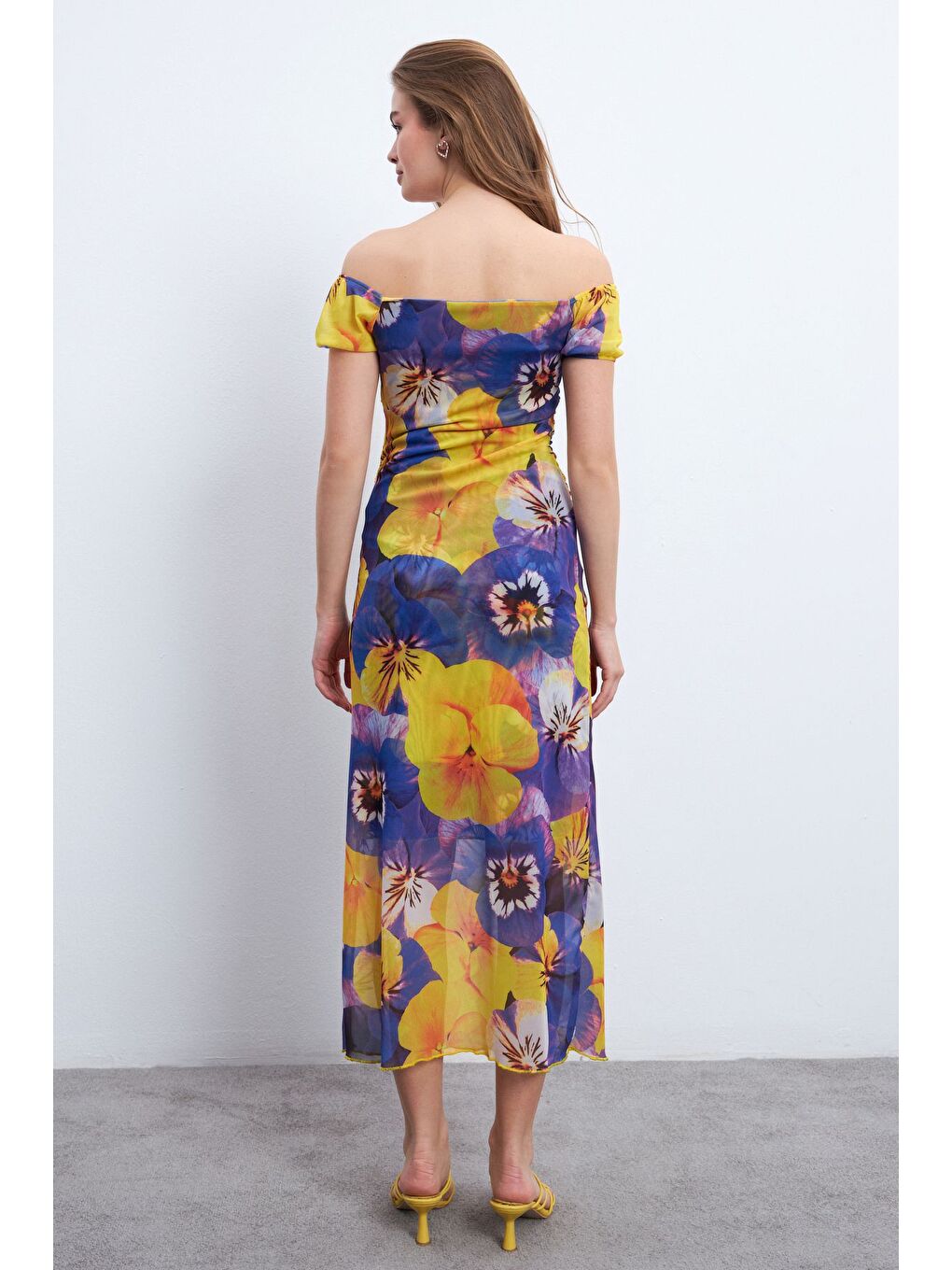 Kadın Sarı Mavi Desen Kayık Yaka Astarlı Tül Elbise-4