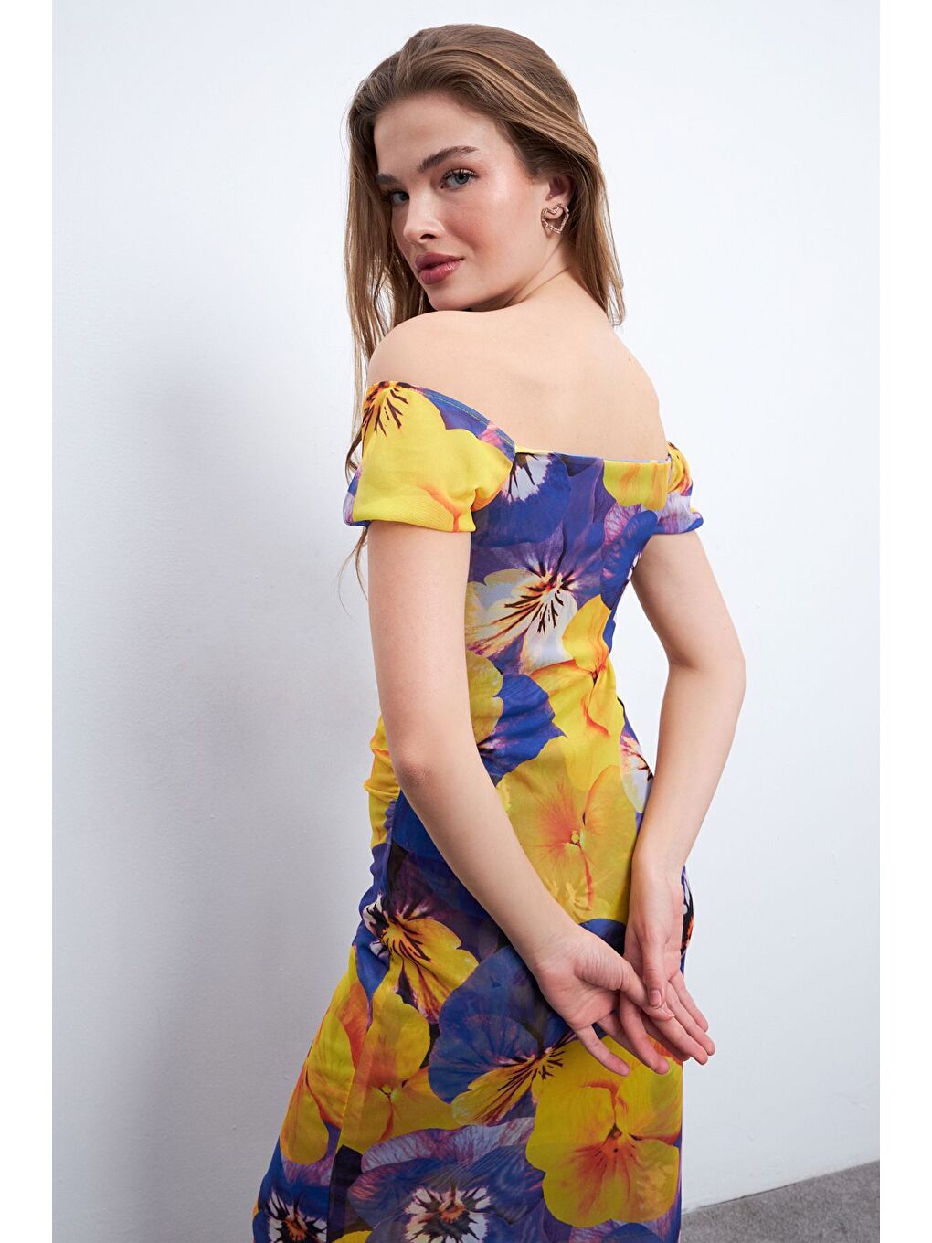 Kadın Sarı Mavi Desen Kayık Yaka Astarlı Tül Elbise-5