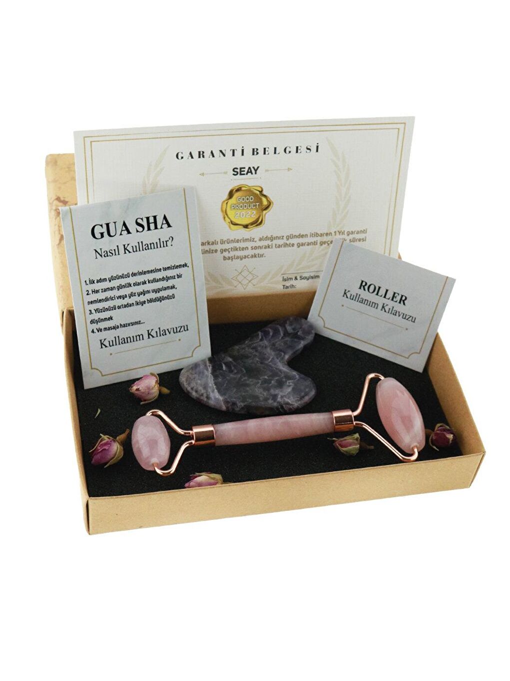 Pembe Roller Face Roller ve Ametist Kalp Guasha Yüz Masaj Aleti Premium Masaj Taşı Doğaltaş