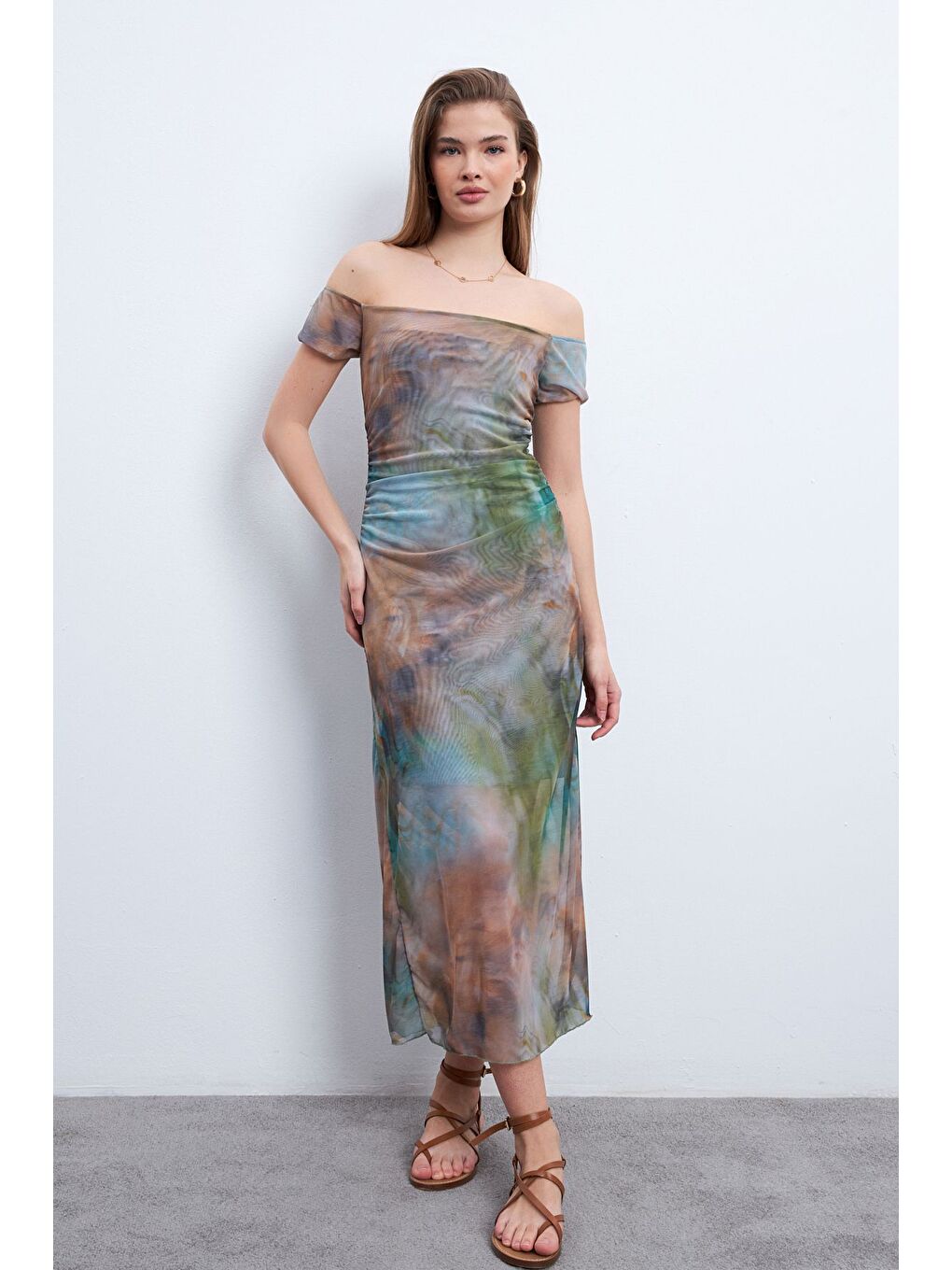 Karışık Kadın Boya Desen Kayık Yaka Astarlı Tül Elbise-1