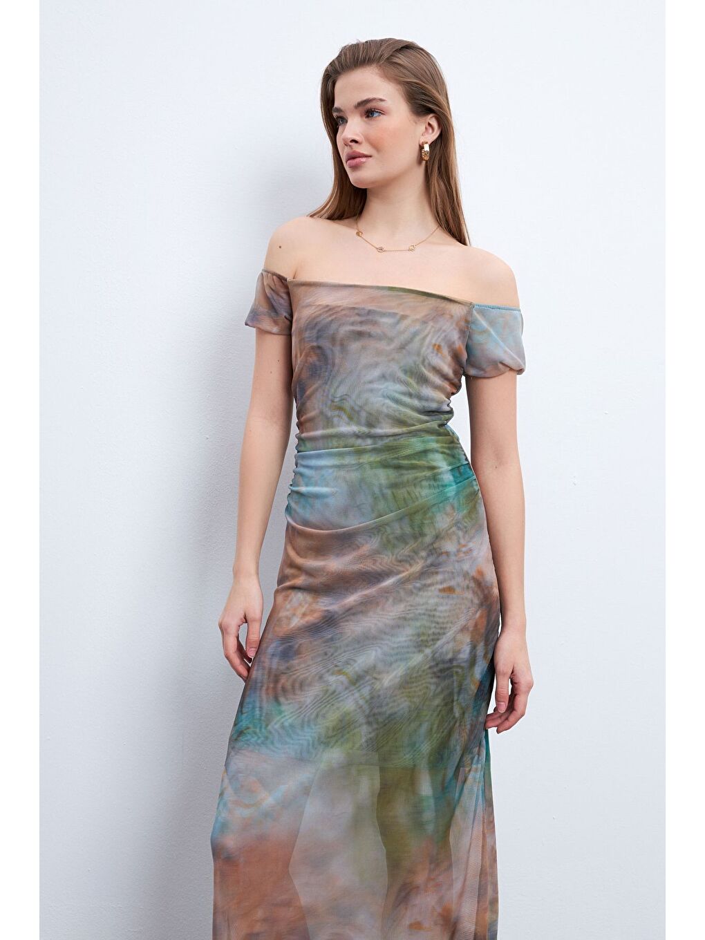 Karışık Kadın Boya Desen Kayık Yaka Astarlı Tül Elbise-2