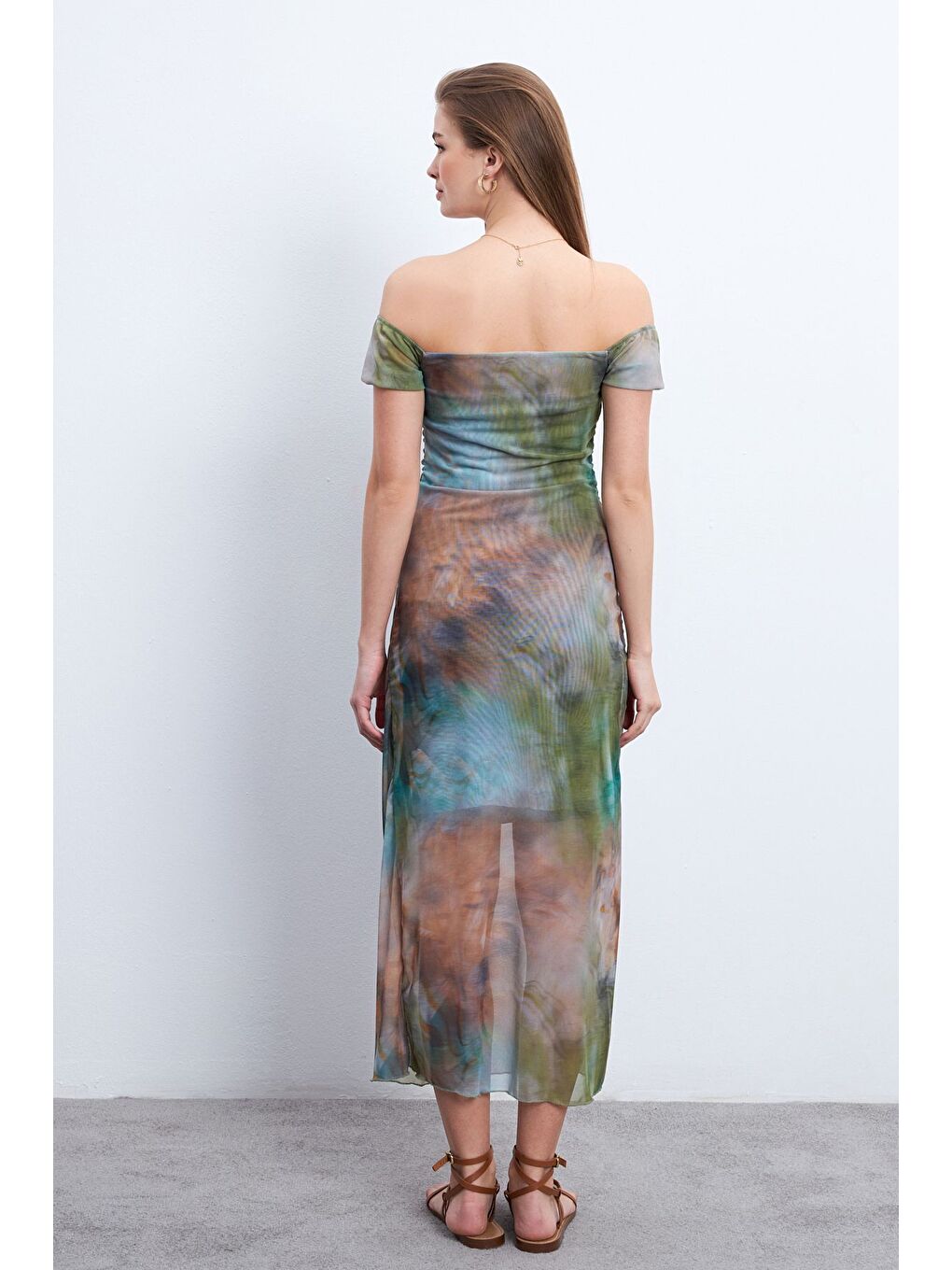 Karışık Kadın Boya Desen Kayık Yaka Astarlı Tül Elbise-3