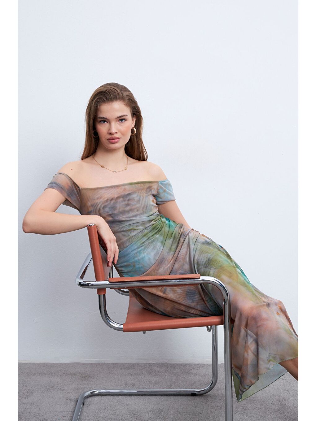 Karışık Kadın Boya Desen Kayık Yaka Astarlı Tül Elbise-5