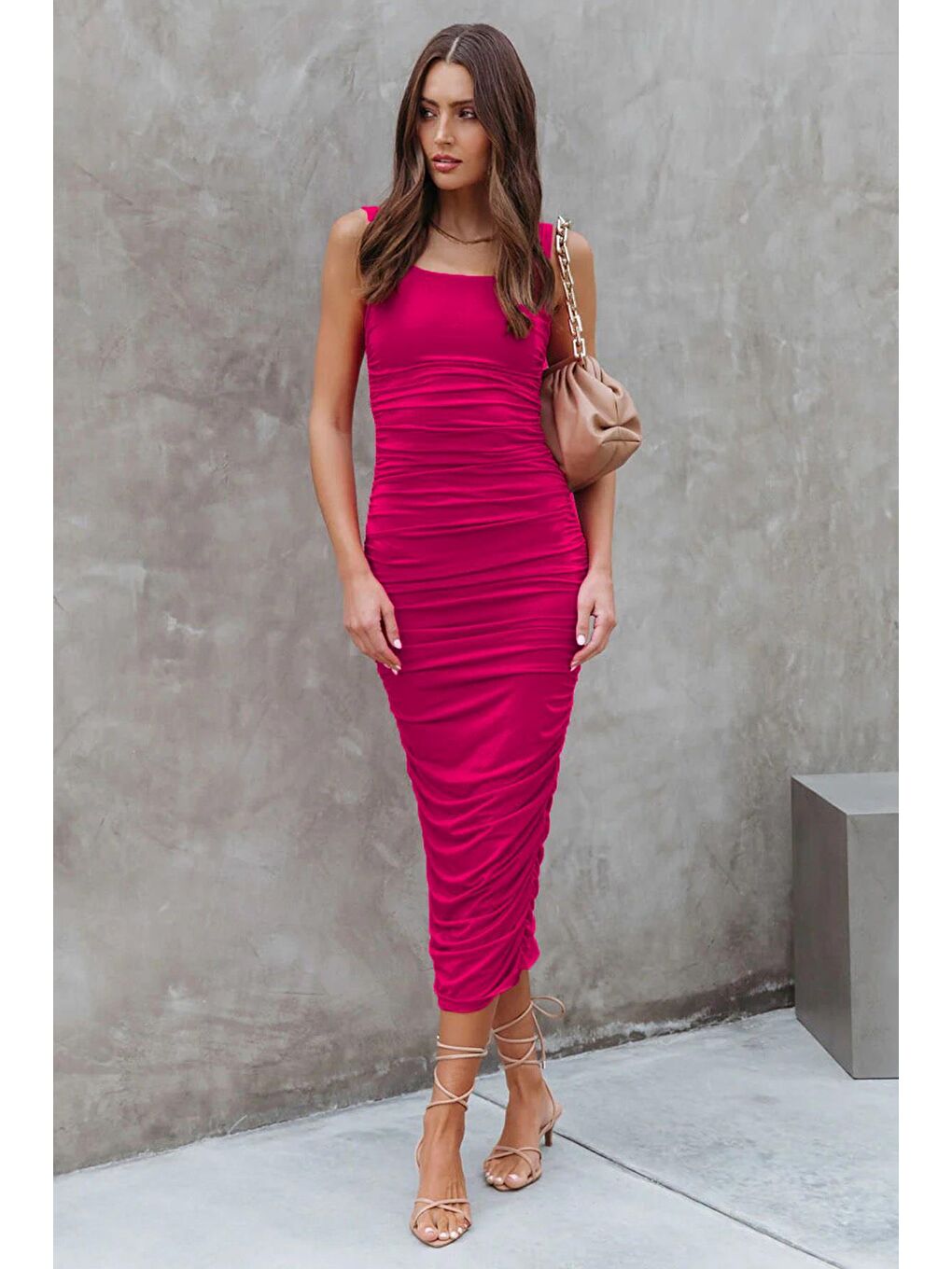 Fuşya Büzgülü Kalem Model Askılı Elbise Mg1732