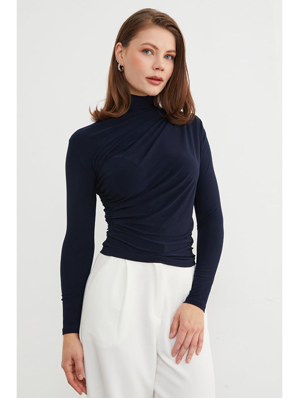 Lacivert Drapeli Balıkçı Yaka Bluz