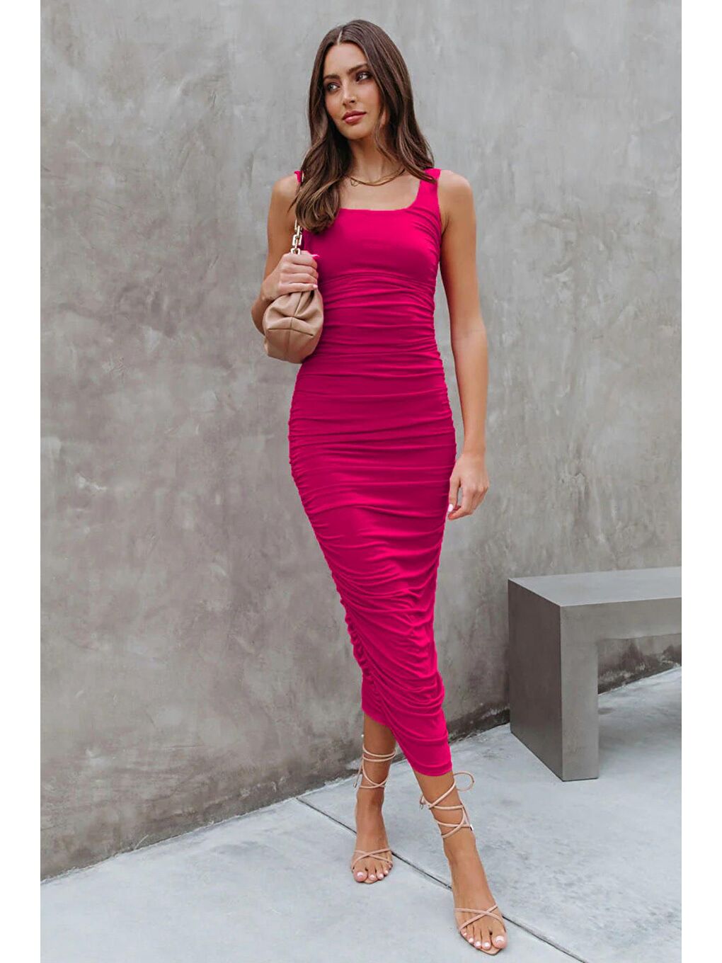 Fuşya Büzgülü Kalem Model Askılı Elbise Mg1732-2