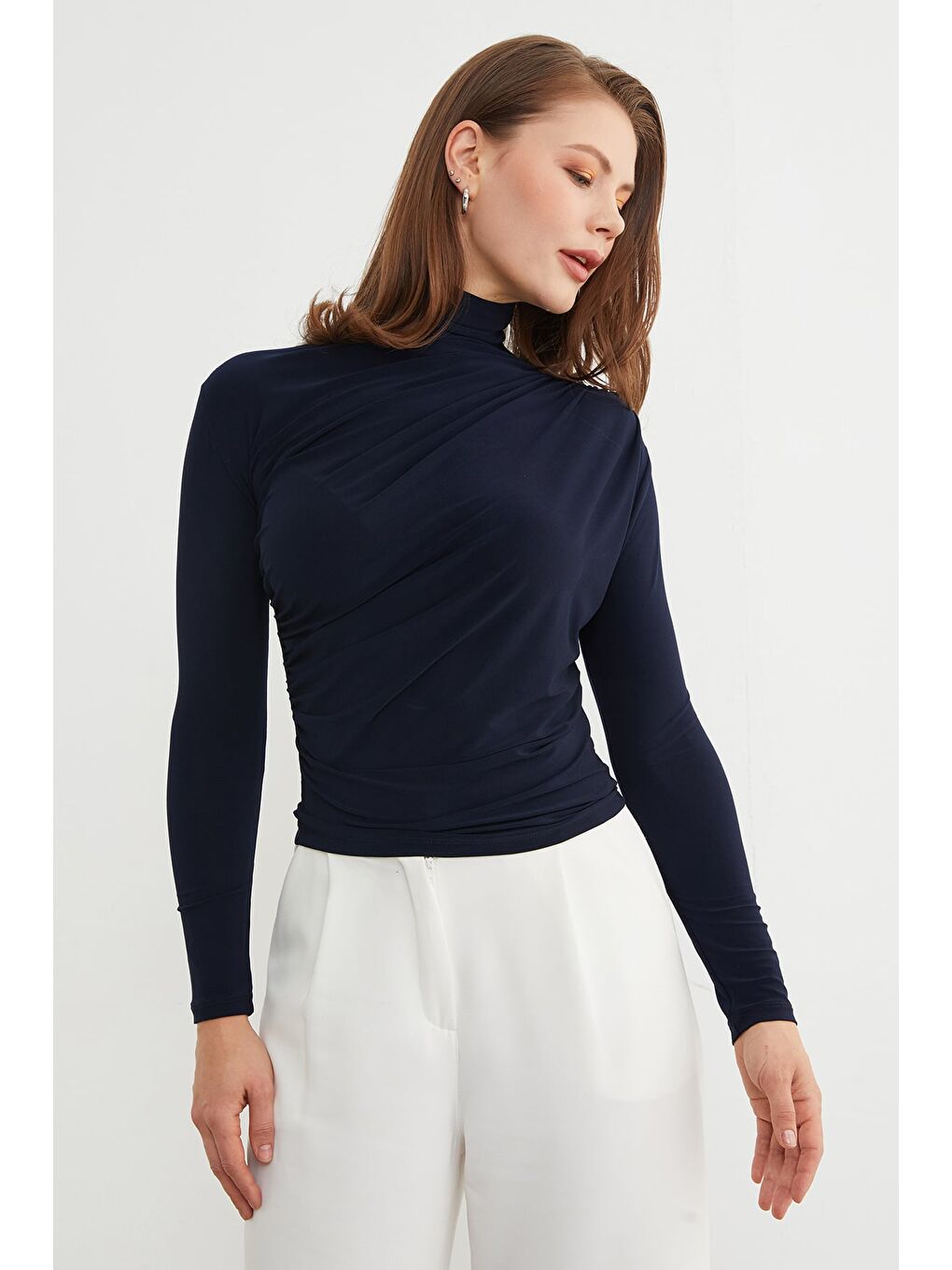 Lacivert Drapeli Balıkçı Yaka Bluz-3