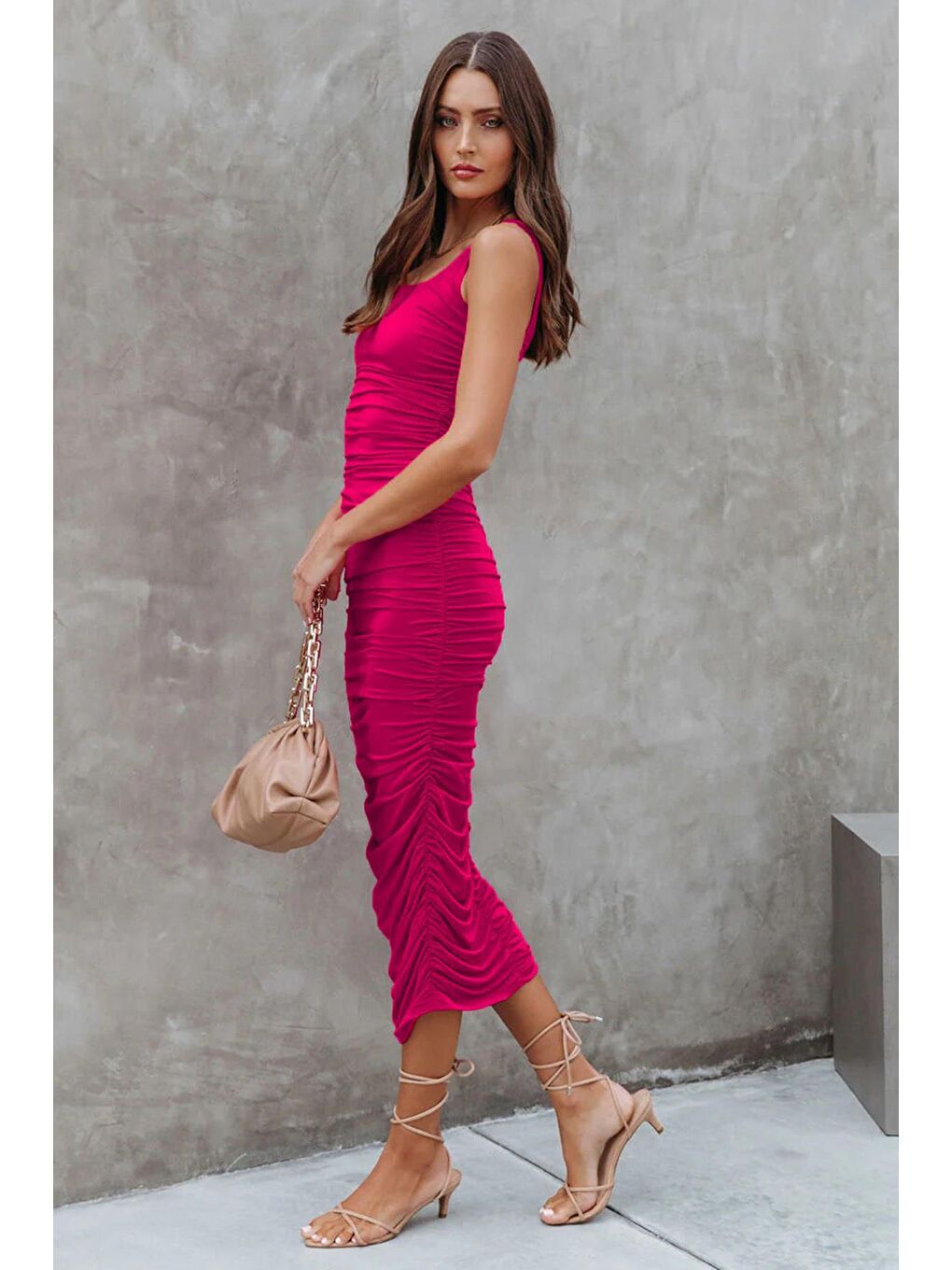Fuşya Büzgülü Kalem Model Askılı Elbise Mg1732-3