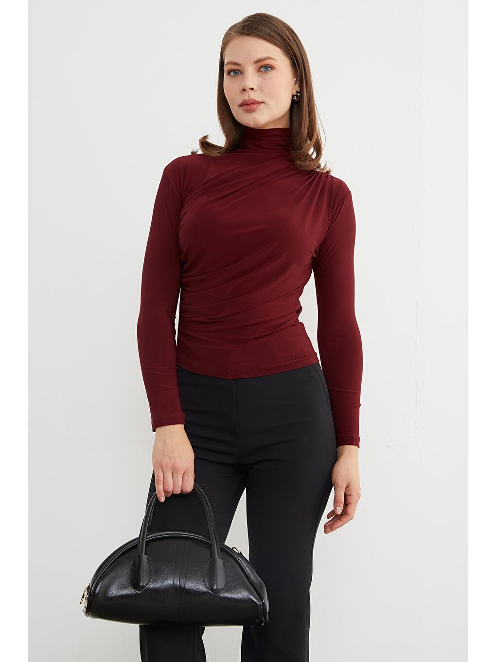 Bordo Drapeli Balıkçı Yaka Bluz