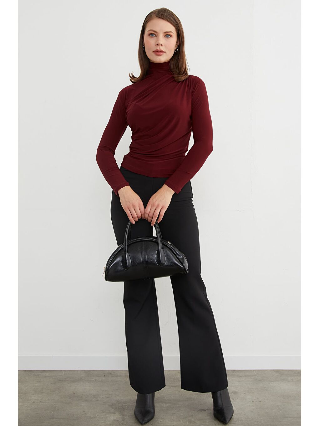 Bordo Drapeli Balıkçı Yaka Bluz-2