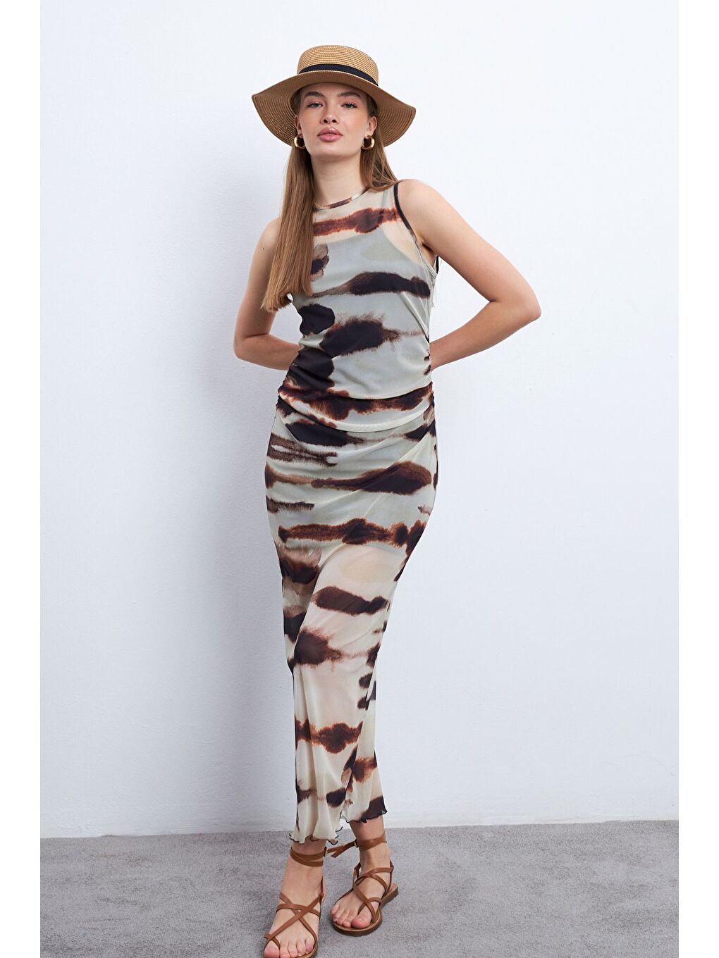 Kahverengi Kadın Zebra Desen Kolsuz Astarlı Tül Elbise-1