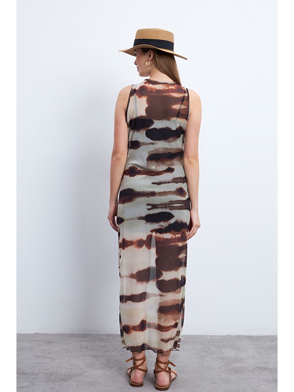 Kahverengi Kadın Zebra Desen Kolsuz Astarlı Tül Elbise-2