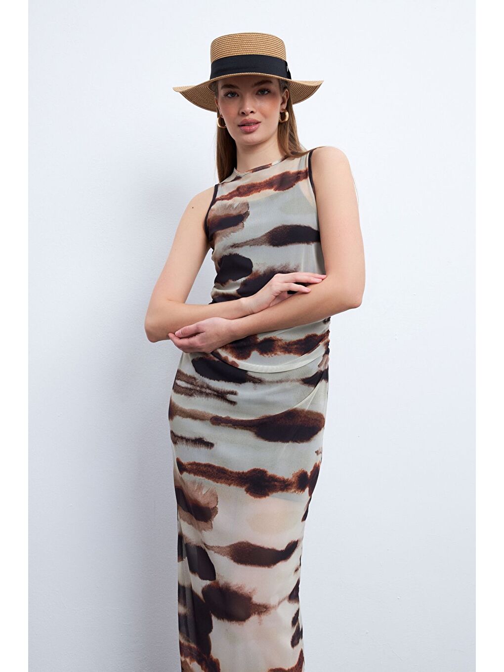 Kahverengi Kadın Zebra Desen Kolsuz Astarlı Tül Elbise-3