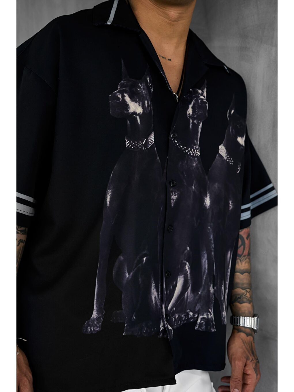 Erkek Süper Oversize Doberman Desenli Kısa Kollu %100 Pamuk Gömlek Siyah-1