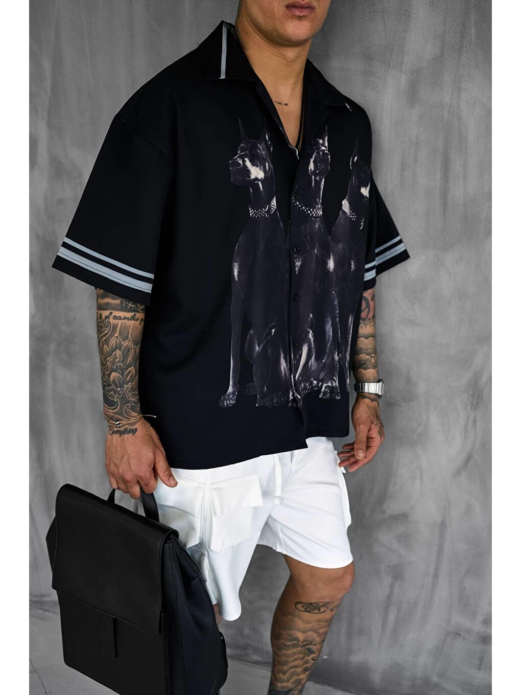 Erkek Süper Oversize Doberman Desenli Kısa Kollu %100 Pamuk Gömlek Siyah-2