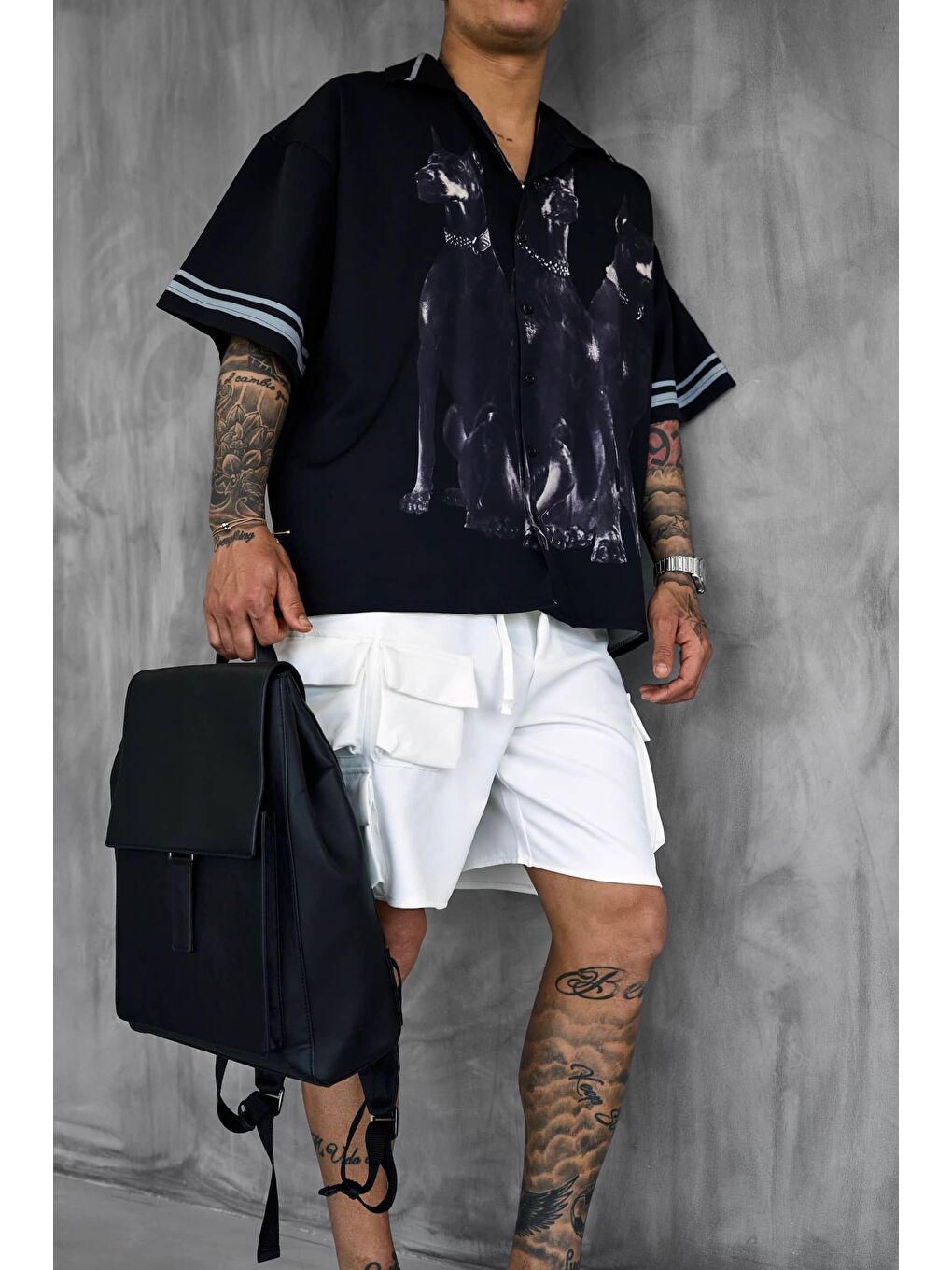 Erkek Süper Oversize Doberman Desenli Kısa Kollu %100 Pamuk Gömlek Siyah-3