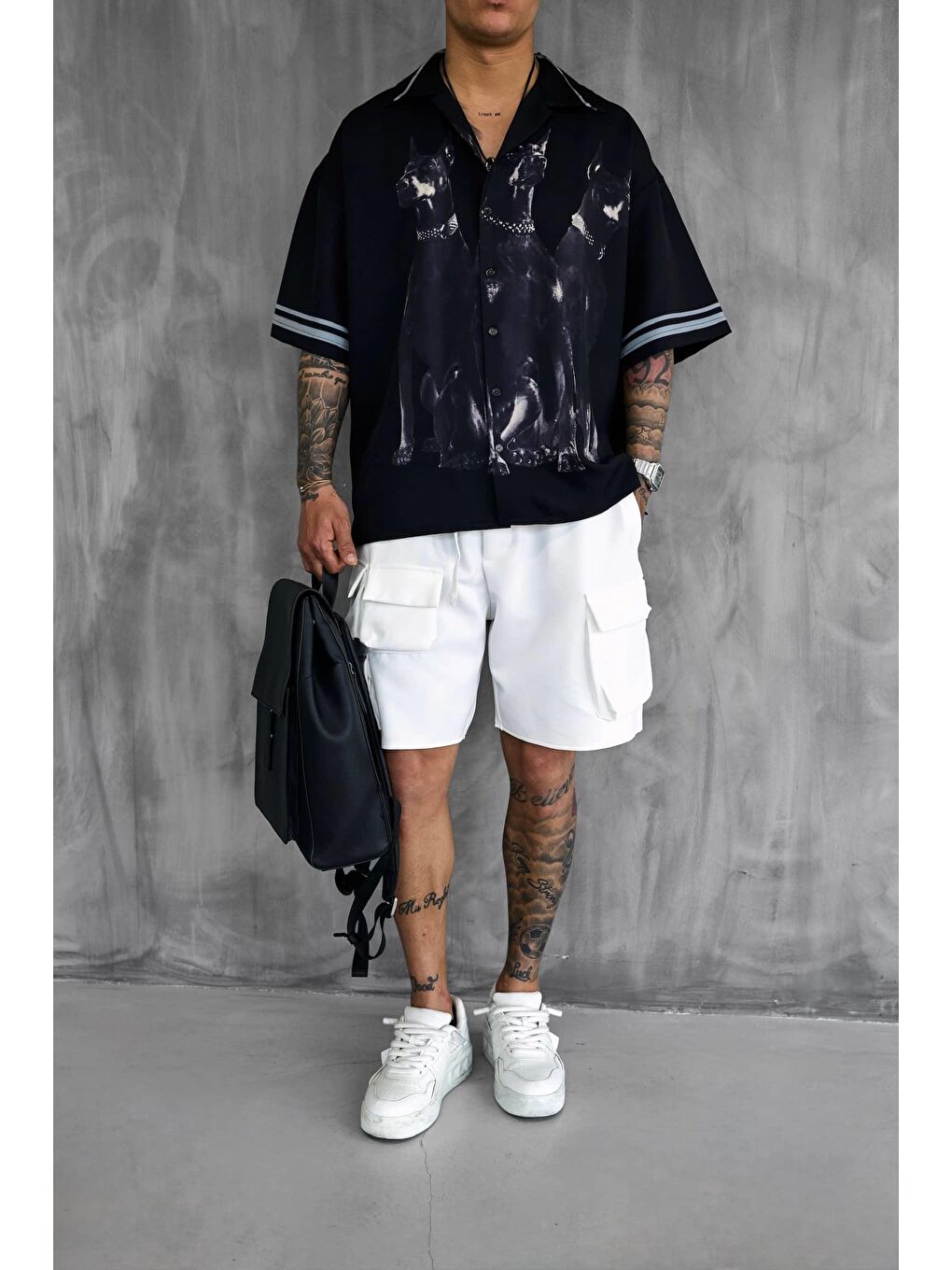 Erkek Süper Oversize Doberman Desenli Kısa Kollu %100 Pamuk Gömlek Siyah-4