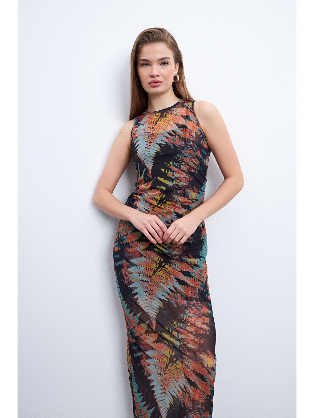 Yeşil Sonbahar Çam Desen Kolsuz Astarlı Tül Elbise-3