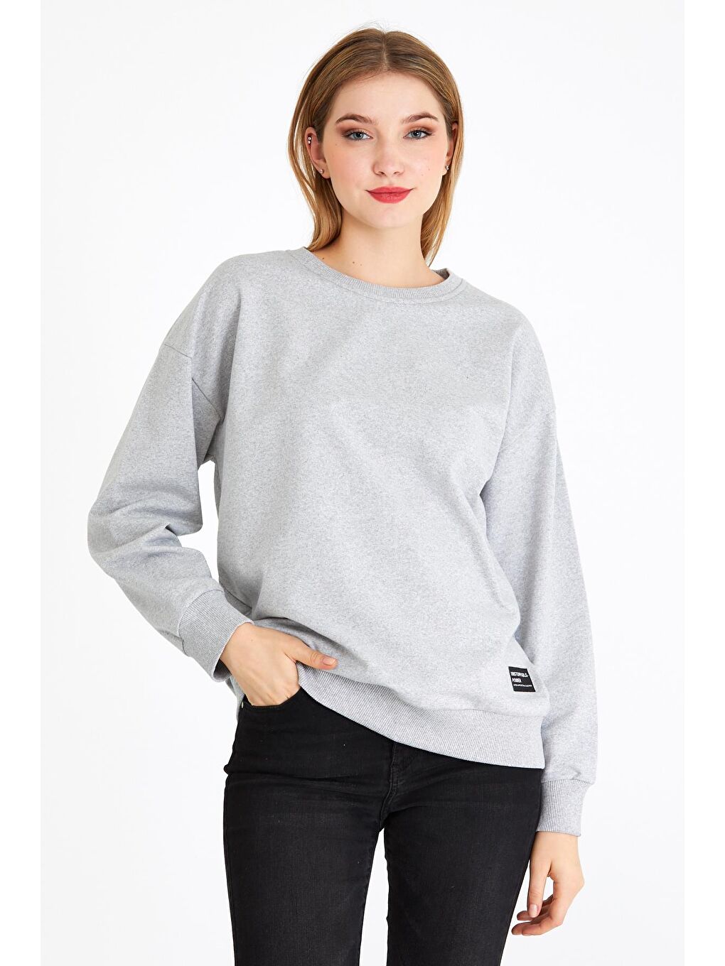 MMETALIC Kadın Gri Renk Basic Bisiklet Yaka Sweatshirt