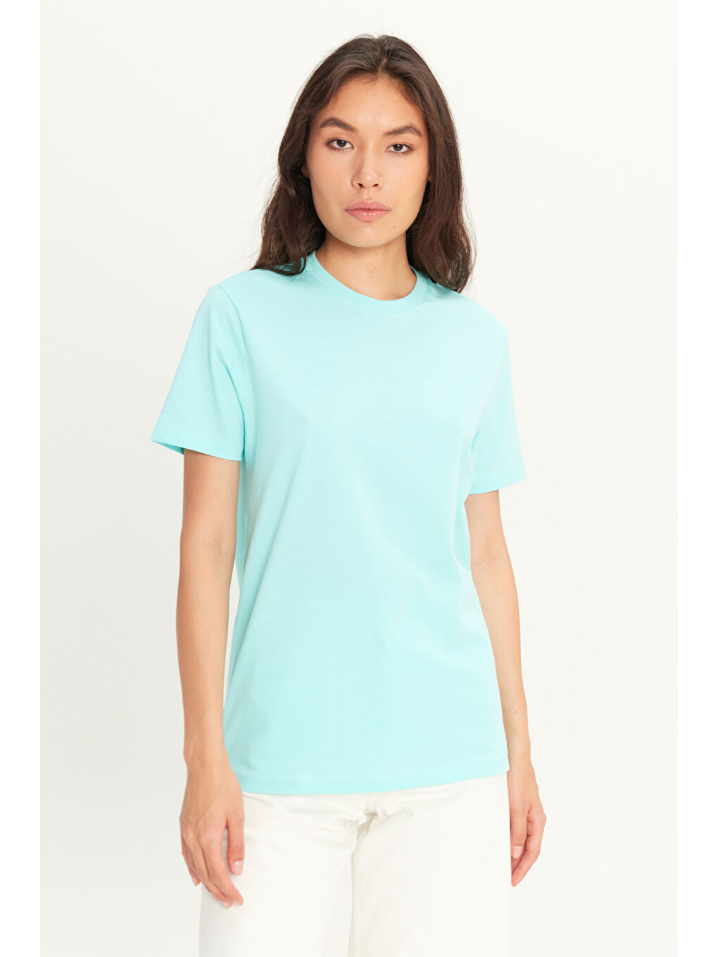 Erkek Turkuaz Slim Fit Dar Kesim %100 Pamuk Bisiklet Yaka Kısa Kollu Tişört-4