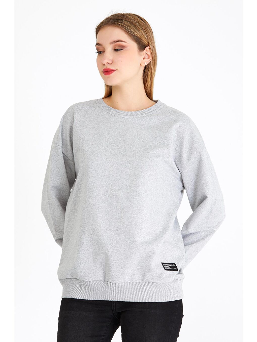 MMETALIC Kadın Gri Renk Basic Bisiklet Yaka Sweatshirt - 1
