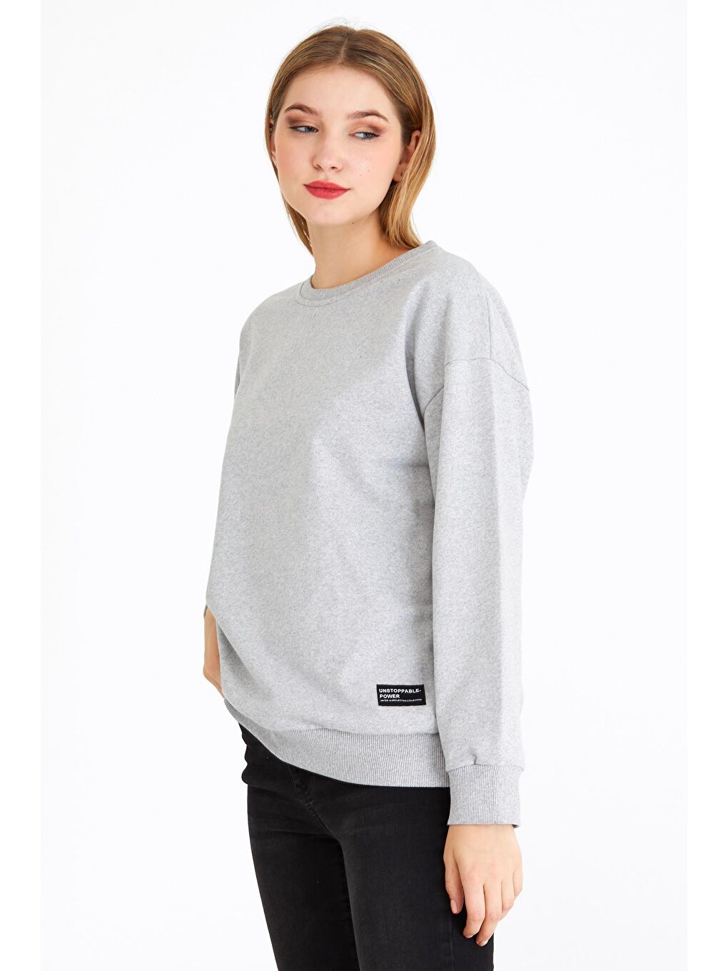 MMETALIC Kadın Gri Renk Basic Bisiklet Yaka Sweatshirt - 2