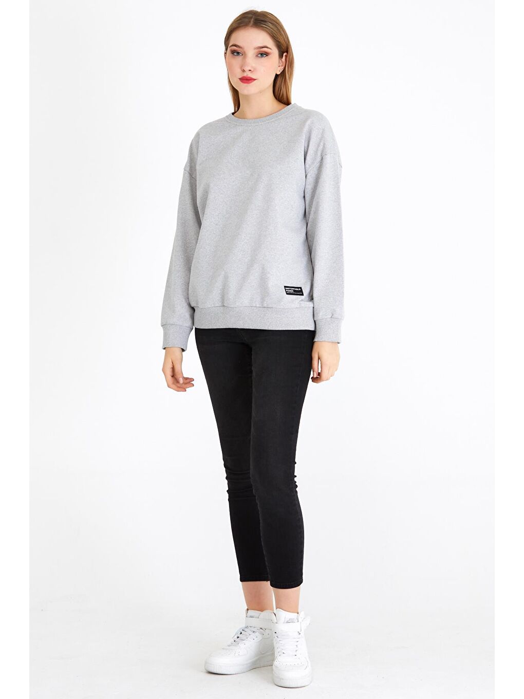 MMETALIC Kadın Gri Renk Basic Bisiklet Yaka Sweatshirt - 3