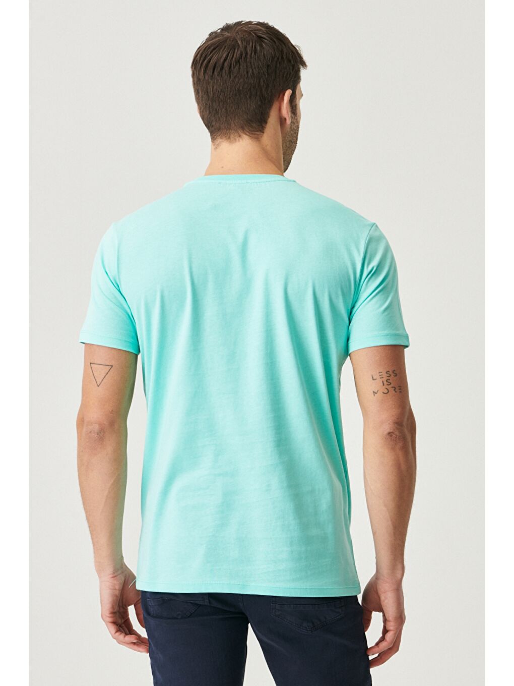 Erkek Turkuaz Slim Fit Dar Kesim %100 Pamuk Bisiklet Yaka Kısa Kollu Tişört-9