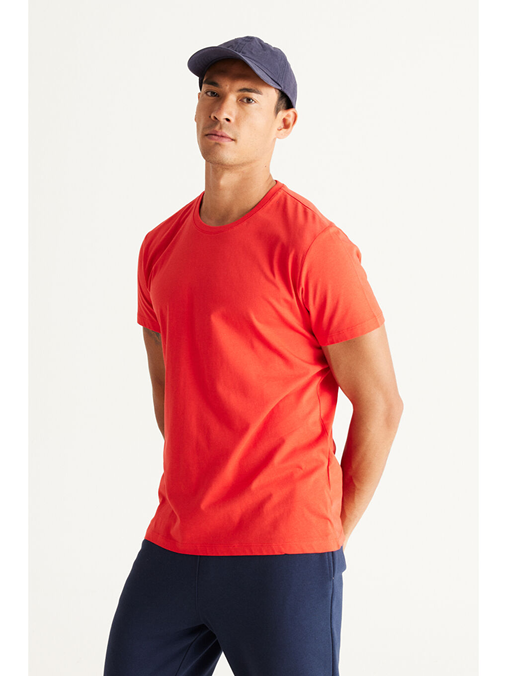 Erkek Kırmızı Slim Fit Dar Kesim %100 Pamuk Bisiklet Yaka Kısa Kollu Tişört-8