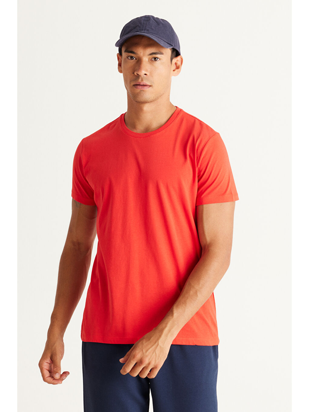 Erkek Kırmızı Slim Fit Dar Kesim %100 Pamuk Bisiklet Yaka Kısa Kollu Tişört-9