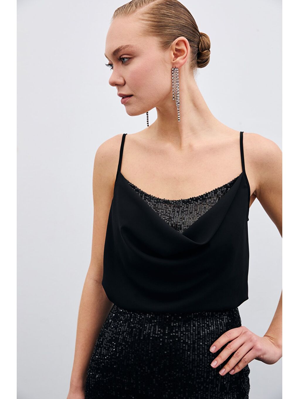 SATEEN Degaje Yaka Bluz - Siyah