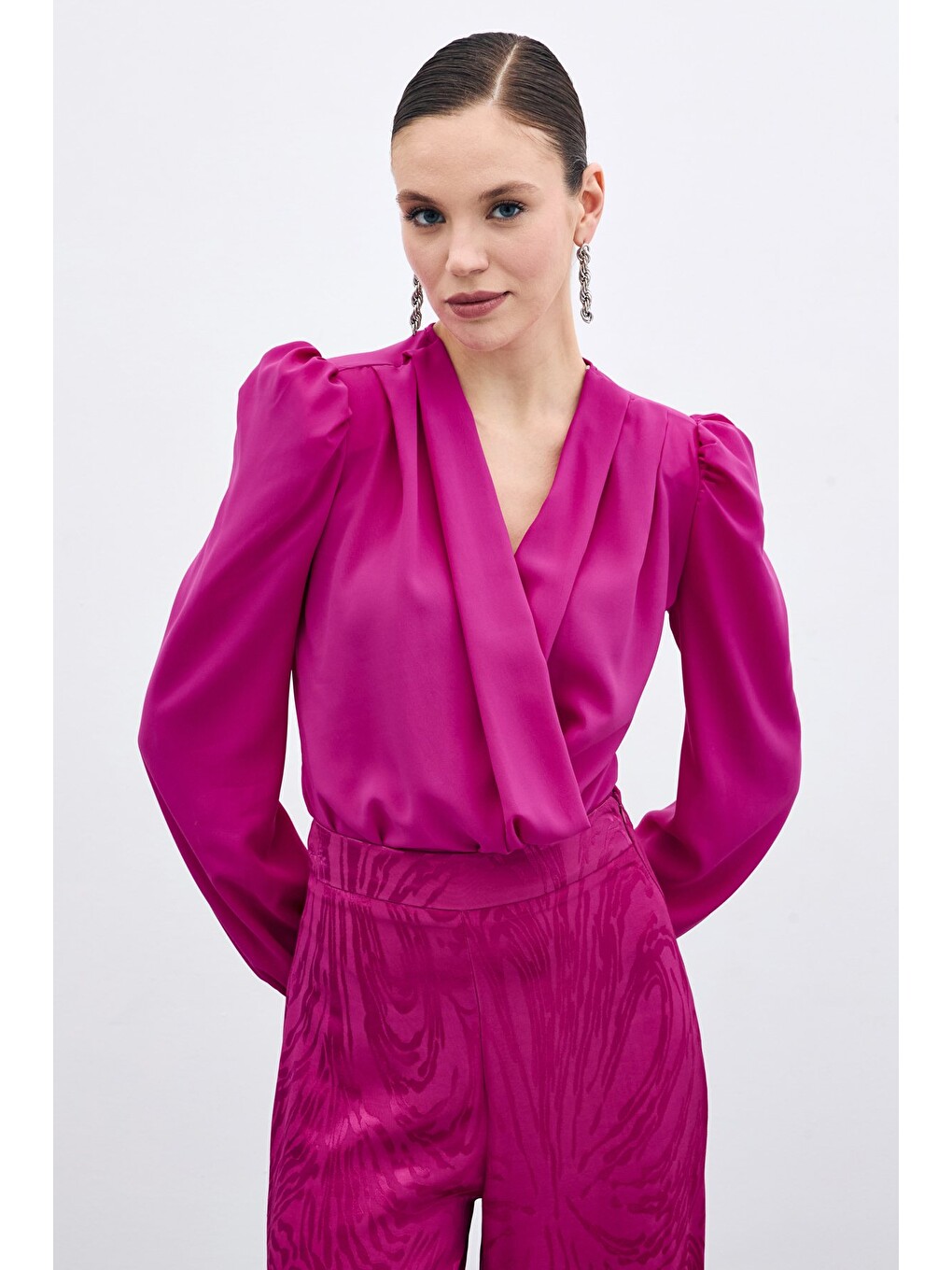 Kruvaze Vatkalı Bodysuit - Fuşya-1