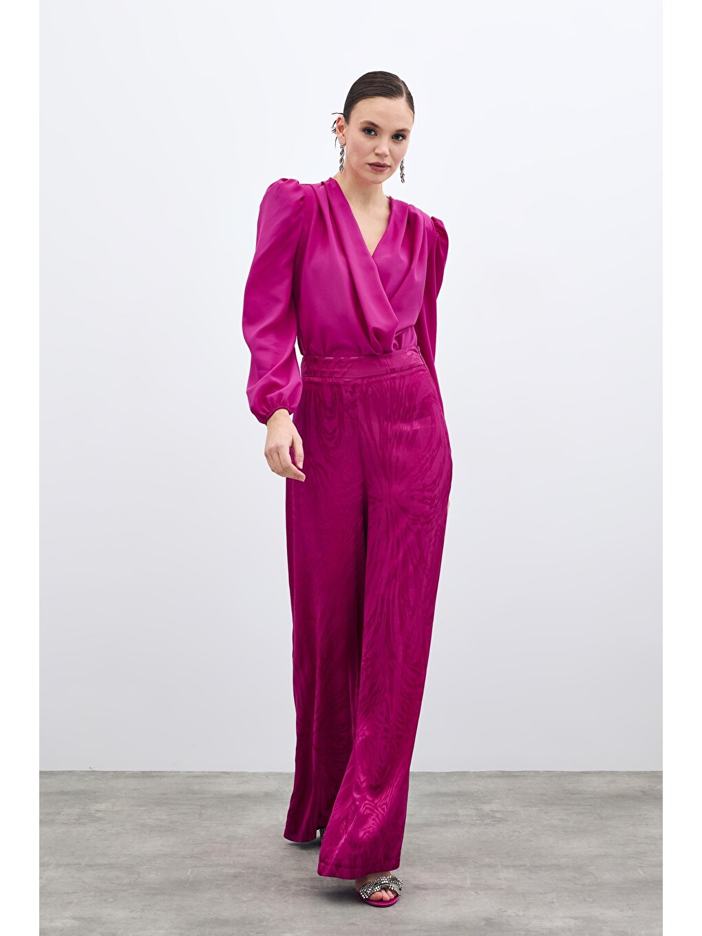 Kruvaze Vatkalı Bodysuit - Fuşya-2